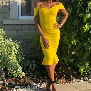 Boohoo Yellow mermaid off-the-shoulder dress